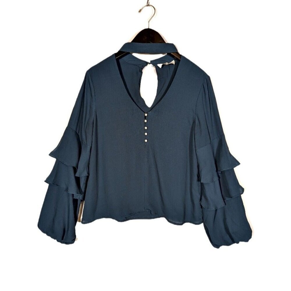 WAYF Size M Tiered Boho Bell Sleeve Choker Collar Blouse Slate Blue Pearl Button